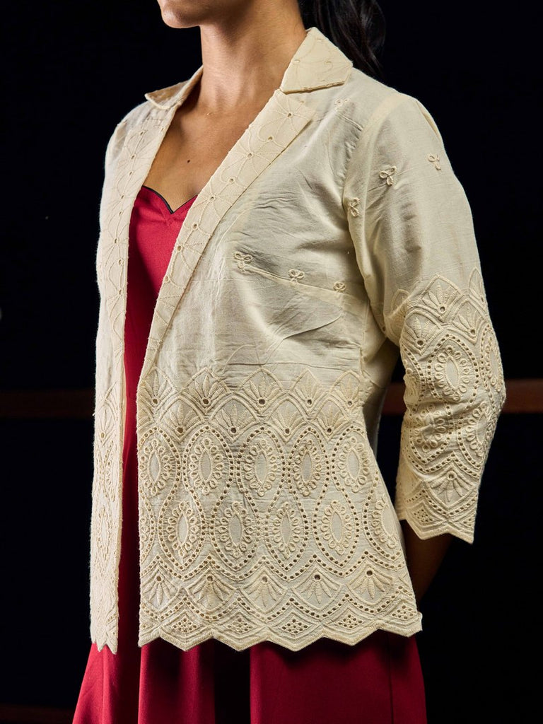 Ivory Cotton Hakoba Embroidered Jacket with Scalloped Hem
