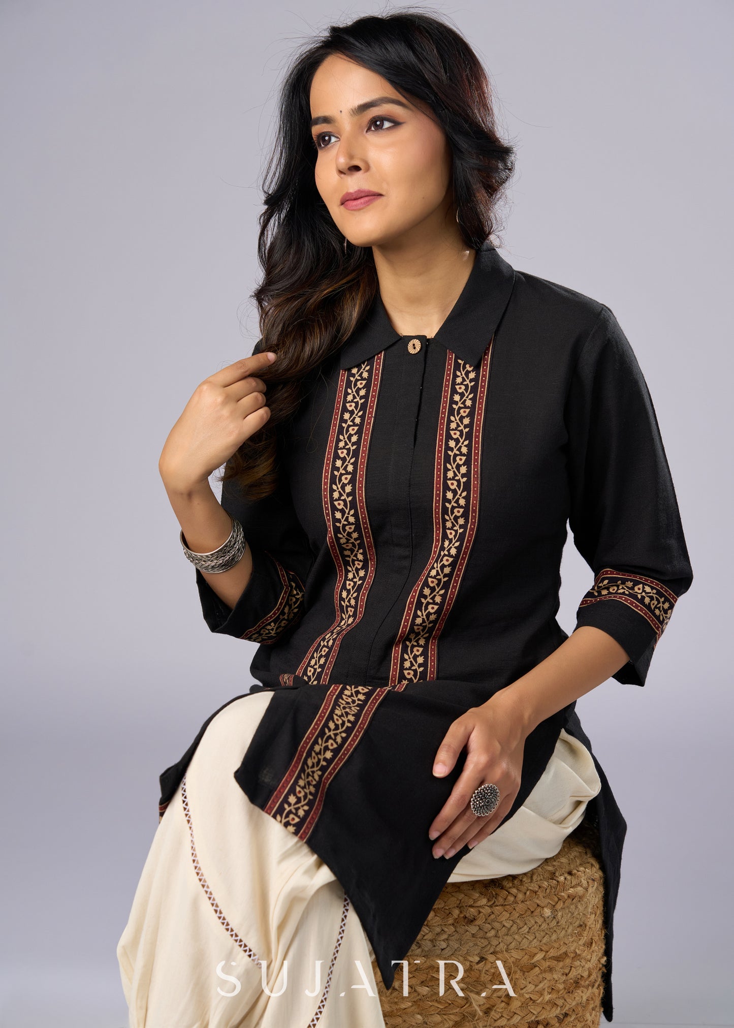Smart Black Cotton Shirt Tunic -  Pant Additional