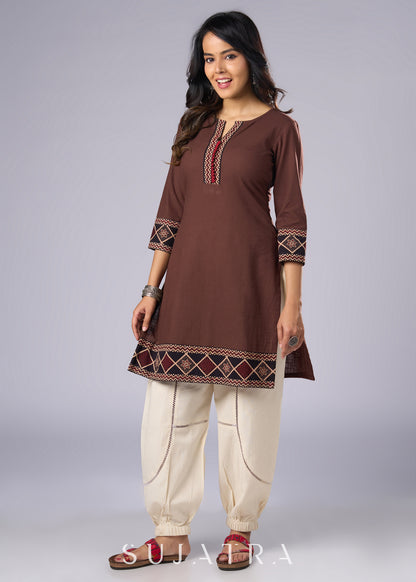 Trendy Brown Cotton Ajrakh Combination Tunic  - Pant Additional