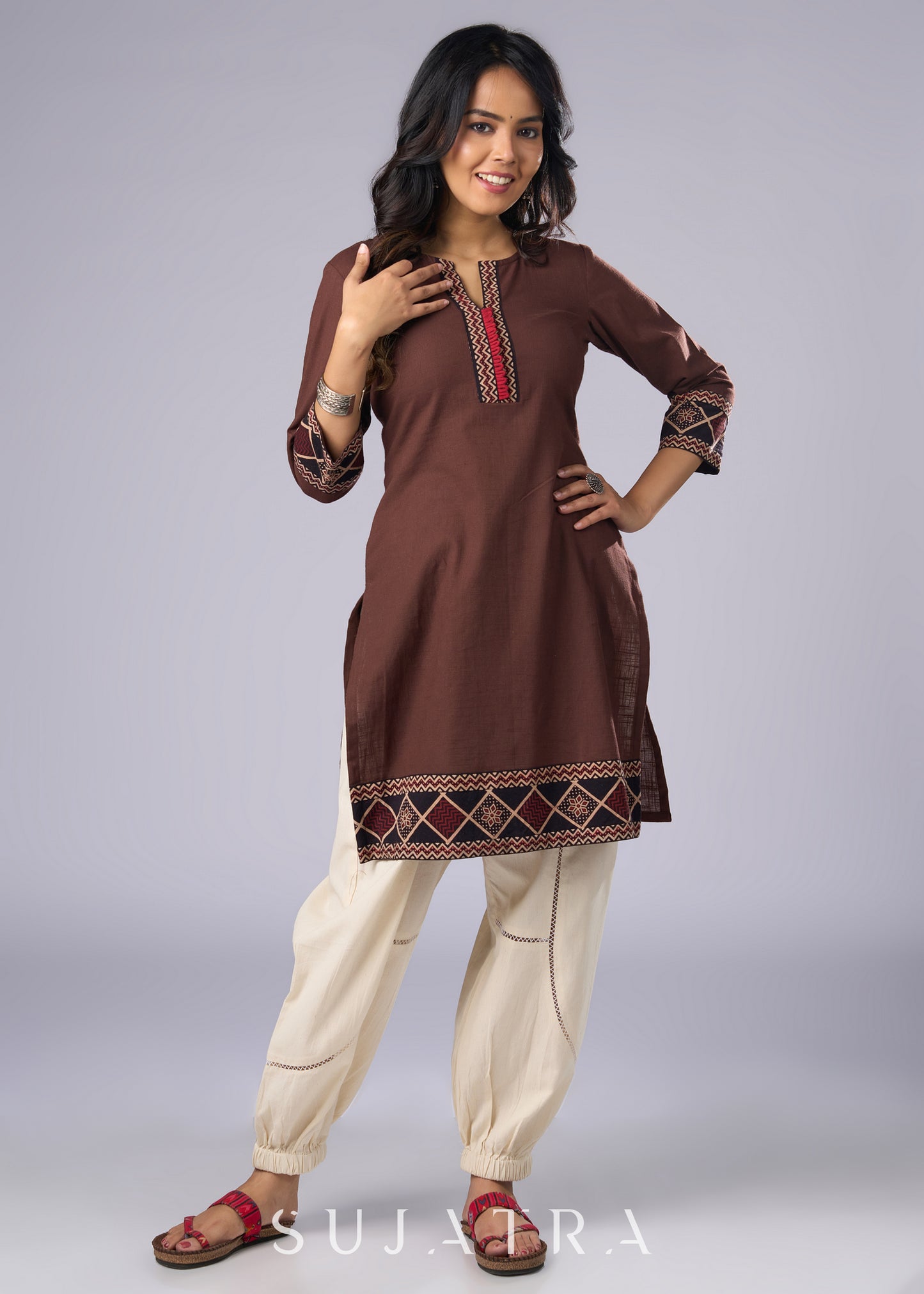 Trendy Brown Cotton Ajrakh Combination Tunic  - Pant Additional