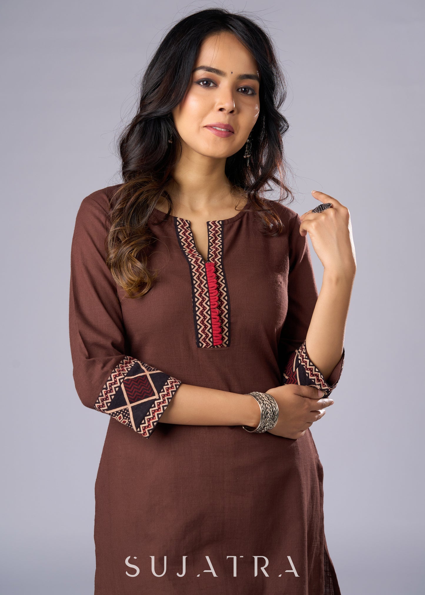 Trendy Brown Cotton Ajrakh Combination Tunic  - Pant Additional