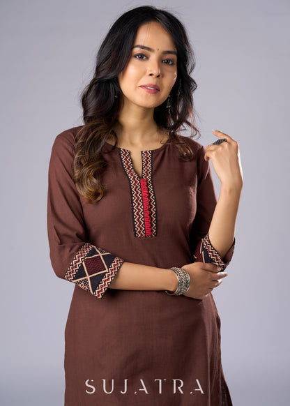 Trendy Brown Cotton Ajrakh Combination Tunic  - Pant Additional