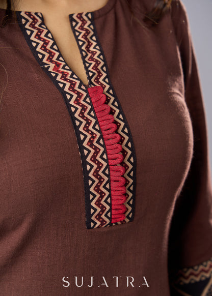 Trendy Brown Cotton Ajrakh Combination Tunic  - Pant Additional