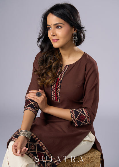 Trendy Brown Cotton Ajrakh Combination Tunic  - Pant Additional