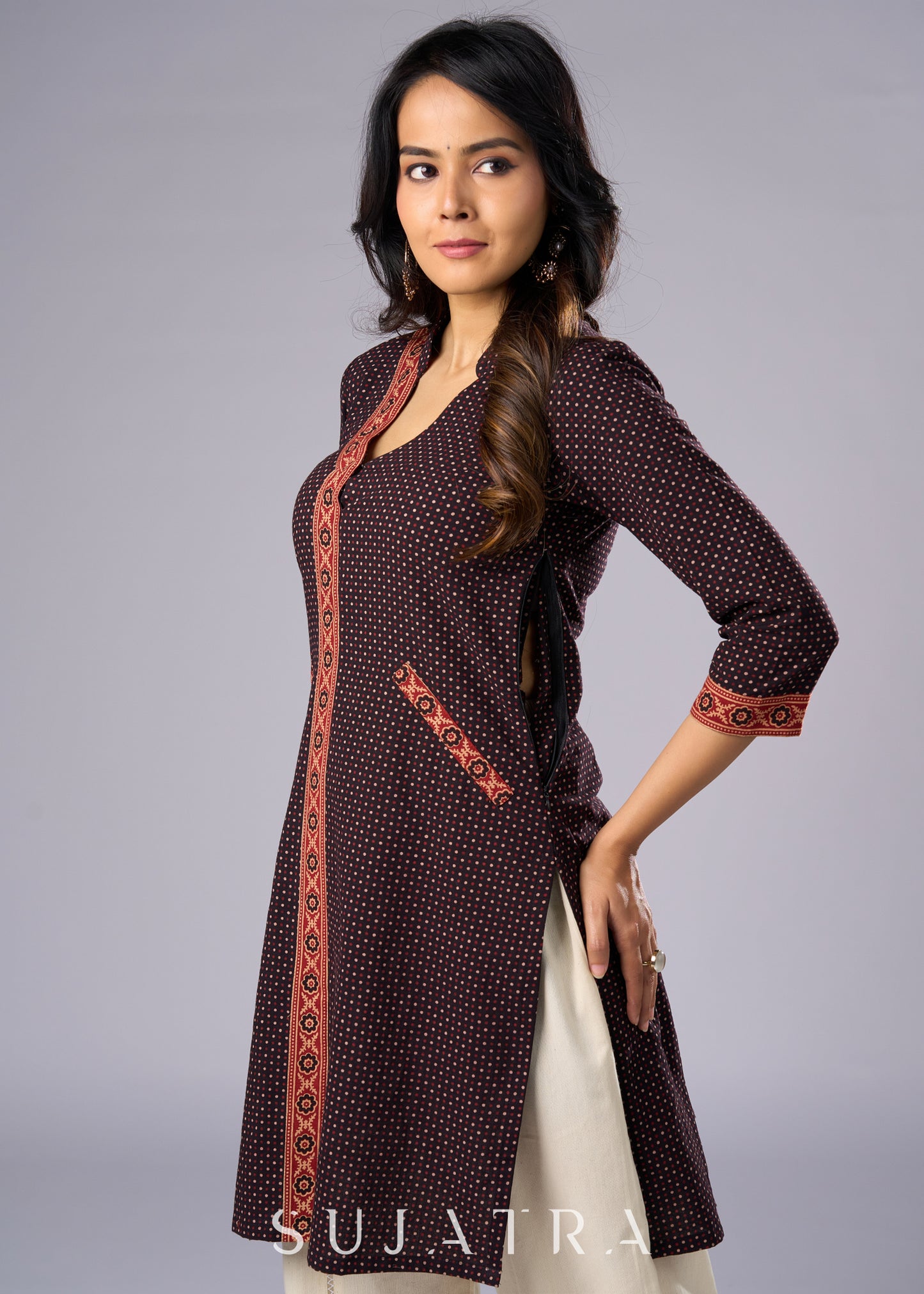 Elegant Black Cotton Ajrakh Tunic -  Pant Additional