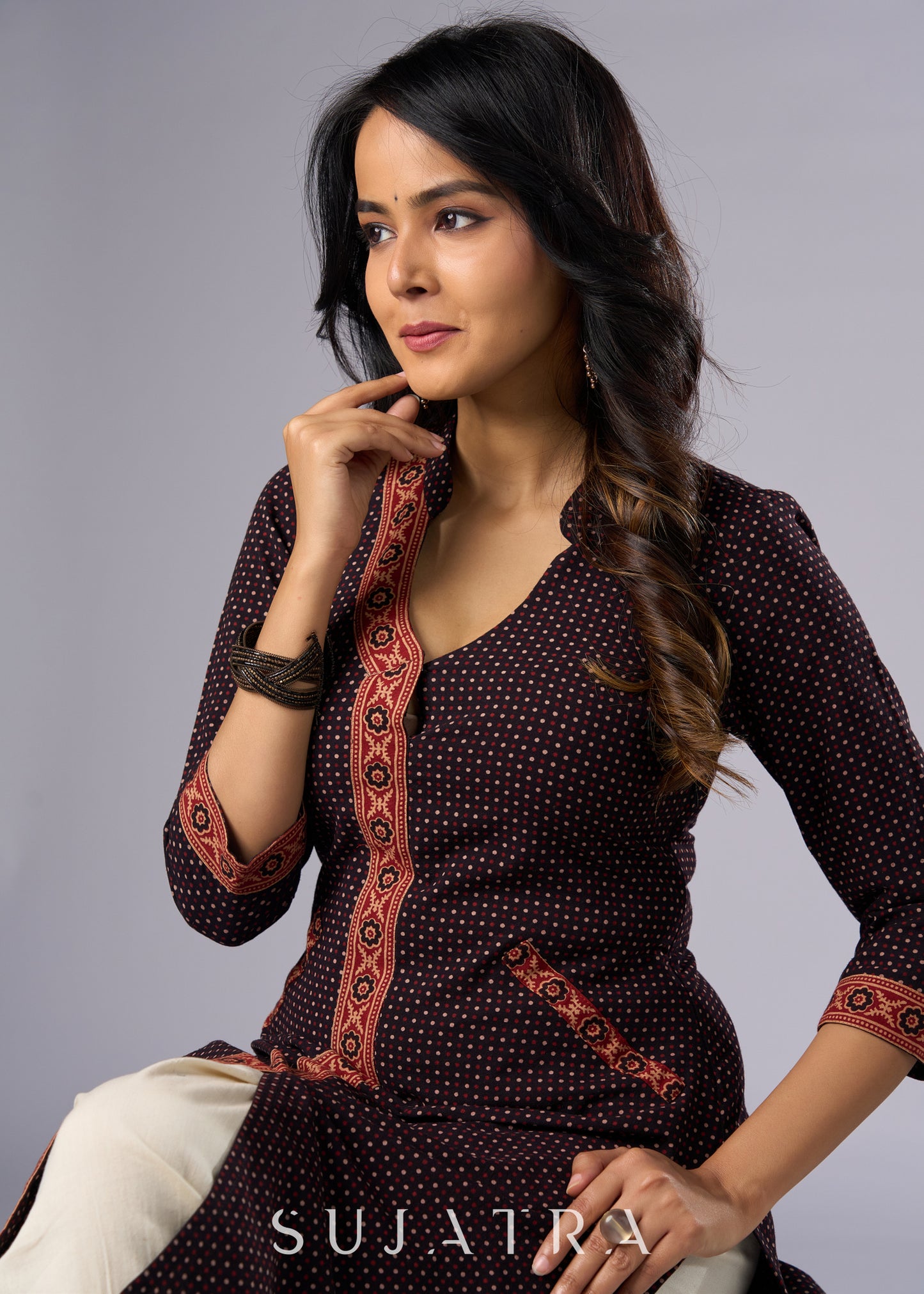 Elegant Black Cotton Ajrakh Tunic -  Pant Additional