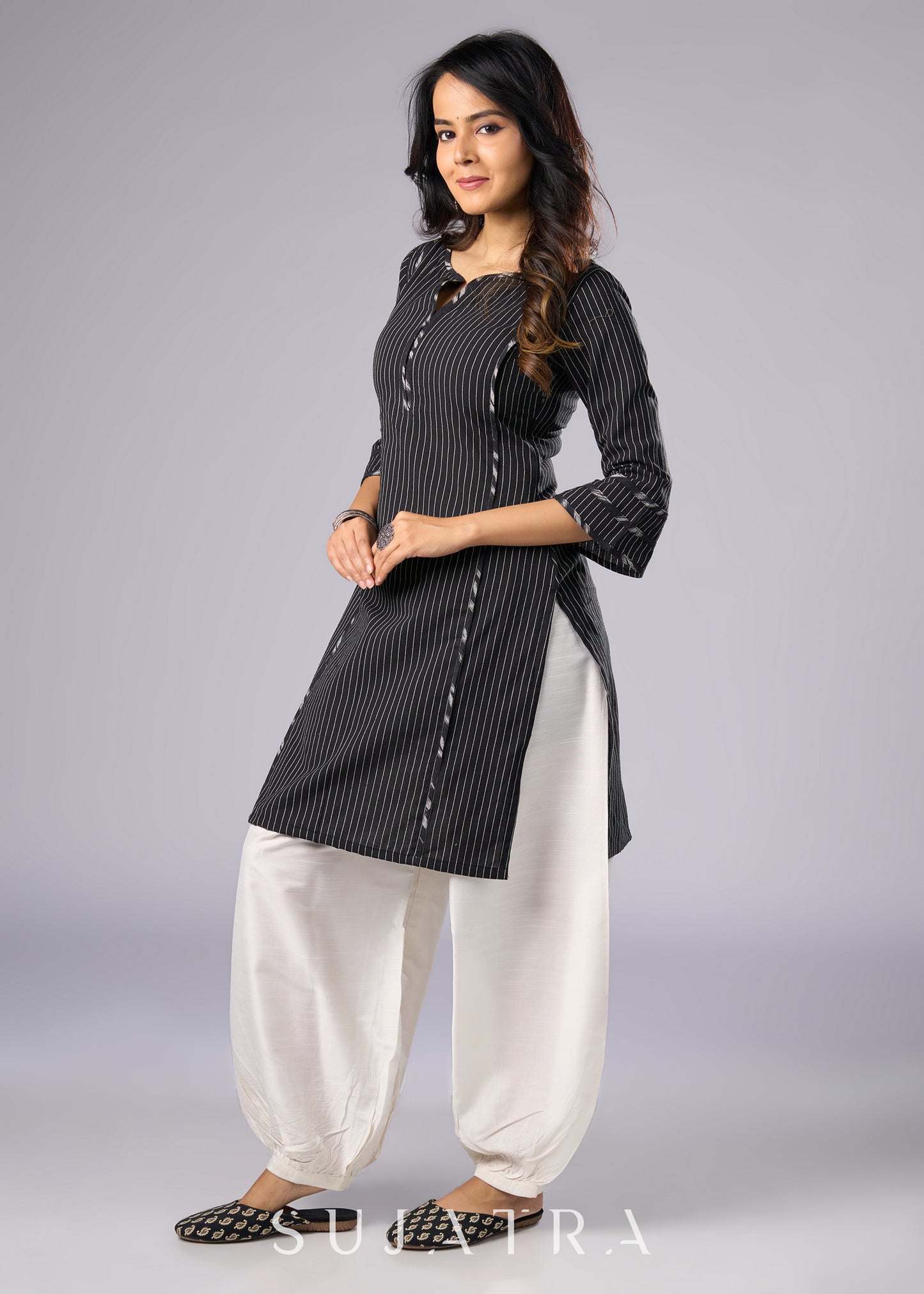 Trendy Black Cotton Ikat Tunic  - Pant Additional