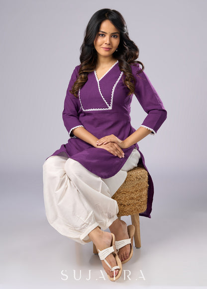 Regal Purple Cotton Tunic Highlighted with Delicate Lace  - Pant Additional