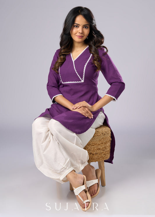 Regal Purple Cotton Tunic Highlighted with Delicate Lace  - Pant Additional