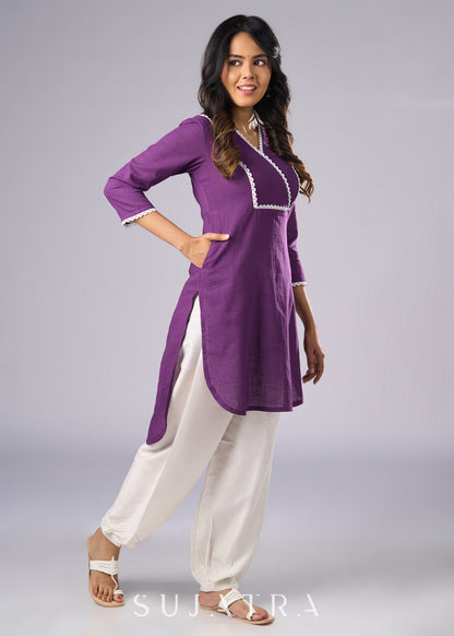 Regal Purple Cotton Tunic Highlighted with Delicate Lace  - Pant Additional