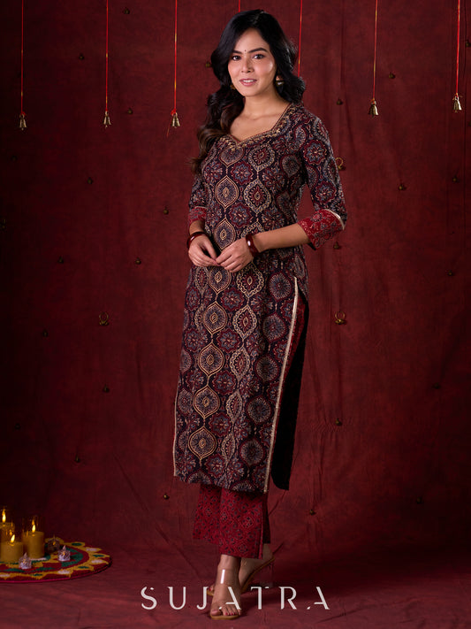Black & Maroon Ajrakh Hand Block-Printed Kurta with Elegant Embroidery & lace highlights