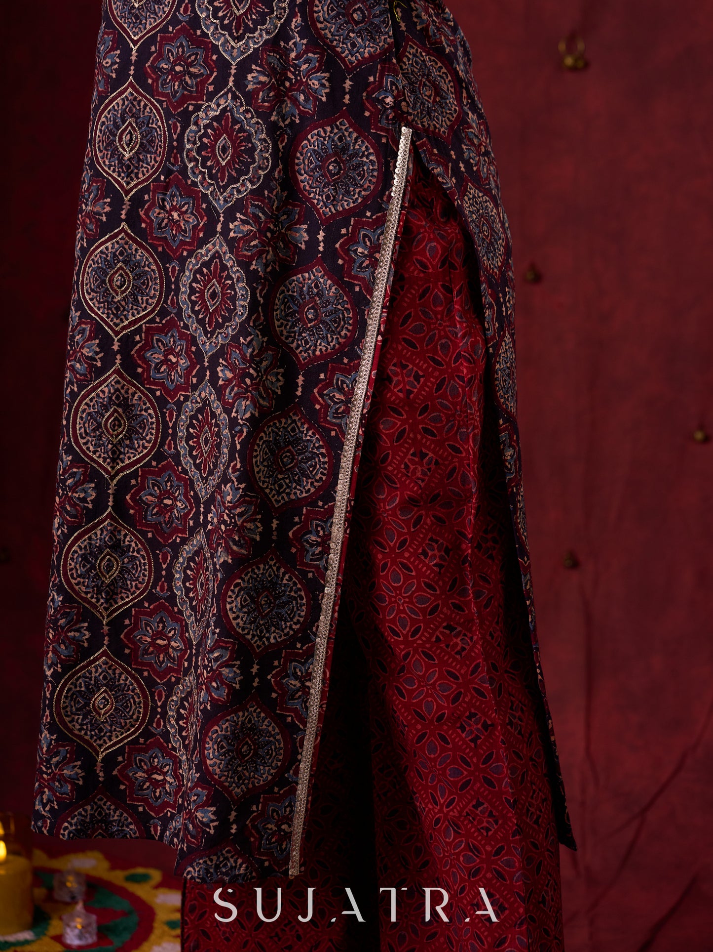 Black & Maroon Ajrakh Hand Block-Printed Kurta with Elegant Embroidery & lace highlights