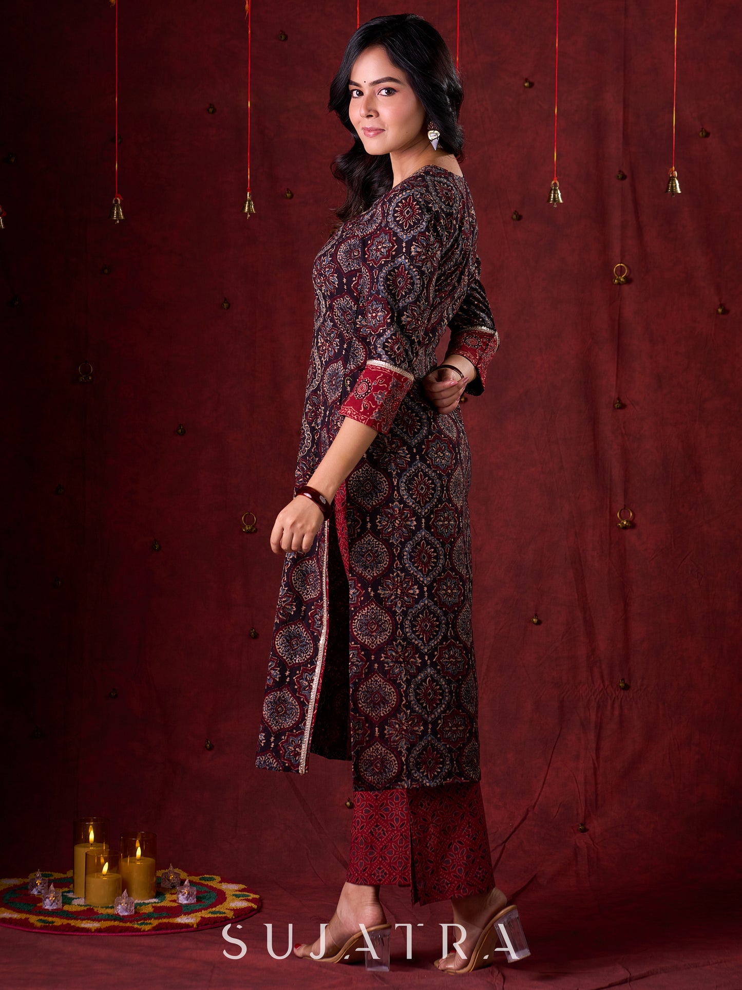 Black & Maroon Ajrakh Hand Block-Printed Kurta with Elegant Embroidery & lace highlights