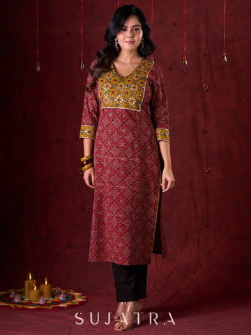 Dual-Tone Ajrakh Cotton Kurta in Maroon & Mustard with Subtle Hand Embroidery