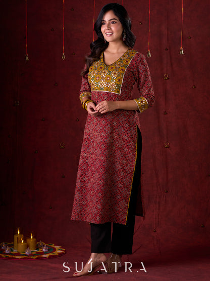 Dual-Tone Ajrakh Cotton Kurta in Maroon & Mustard with Subtle Hand Embroidery