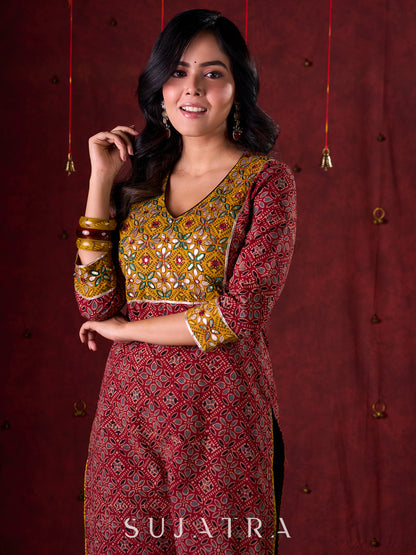 Dual-Tone Ajrakh Cotton Kurta in Maroon & Mustard with Subtle Hand Embroidery