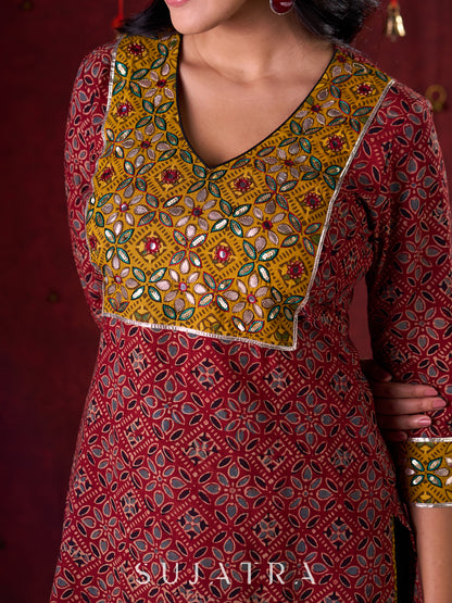 Dual-Tone Ajrakh Cotton Kurta in Maroon & Mustard with Subtle Hand Embroidery