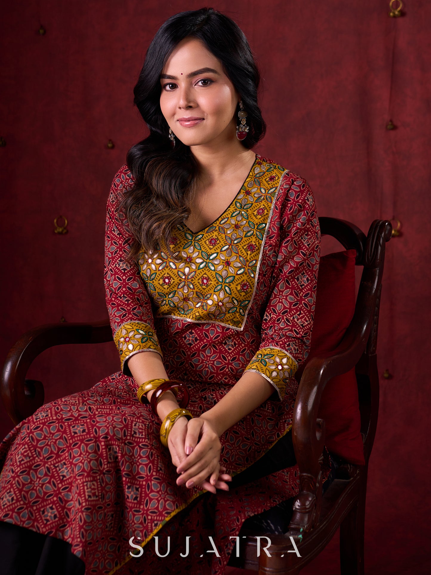 Dual-Tone Ajrakh Cotton Kurta in Maroon & Mustard with Subtle Hand Embroidery