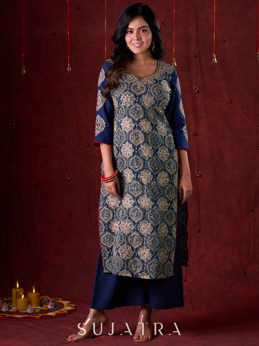 Blue Hand Block-Printed Ajrakh Cotton Kurta with Minimal Embroidery and Applique Sleeves