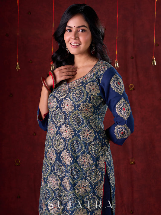 Blue Hand Block-Printed Ajrakh Cotton Kurta with Minimal Embroidery and Applique Sleeves