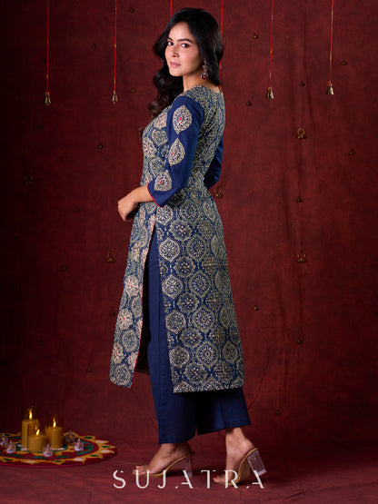 Blue Hand Block-Printed Ajrakh Cotton Kurta with Minimal Embroidery and Applique Sleeves