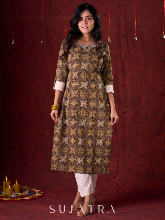 Natural Beige Ajrakh Cotton Kurta with Handcrafted Embroidery all over