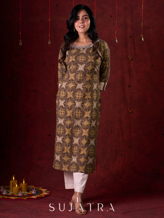 Natural Beige Ajrakh Cotton Kurta with Handcrafted Embroidery all over
