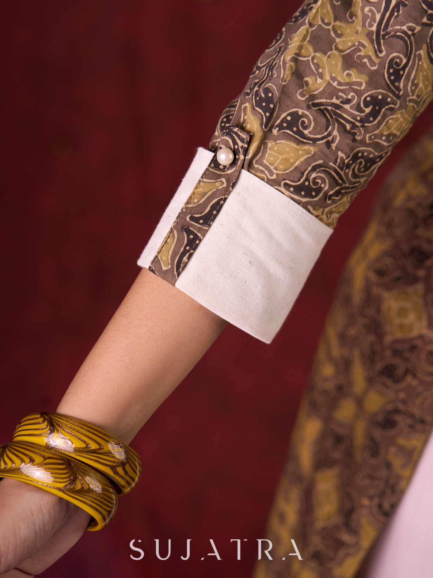 Natural Beige Ajrakh Cotton Kurta with Handcrafted Embroidery all over