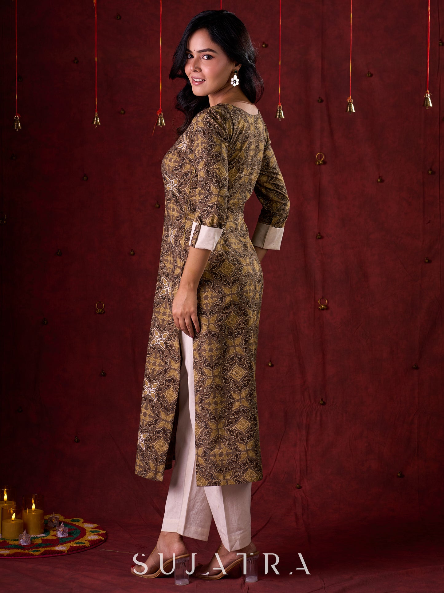 Natural Beige Ajrakh Cotton Kurta with Handcrafted Embroidery all over