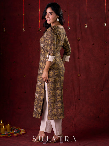 Natural Beige Ajrakh Cotton Kurta with Handcrafted Embroidery all over