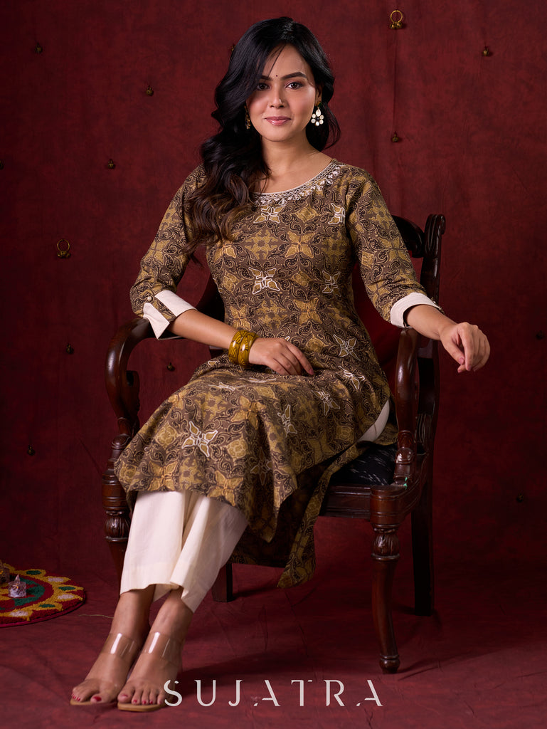 Natural Beige Ajrakh Cotton Kurta with Handcrafted Embroidery all over