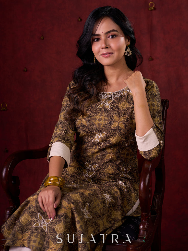 Natural Beige Ajrakh Cotton Kurta with Handcrafted Embroidery all over
