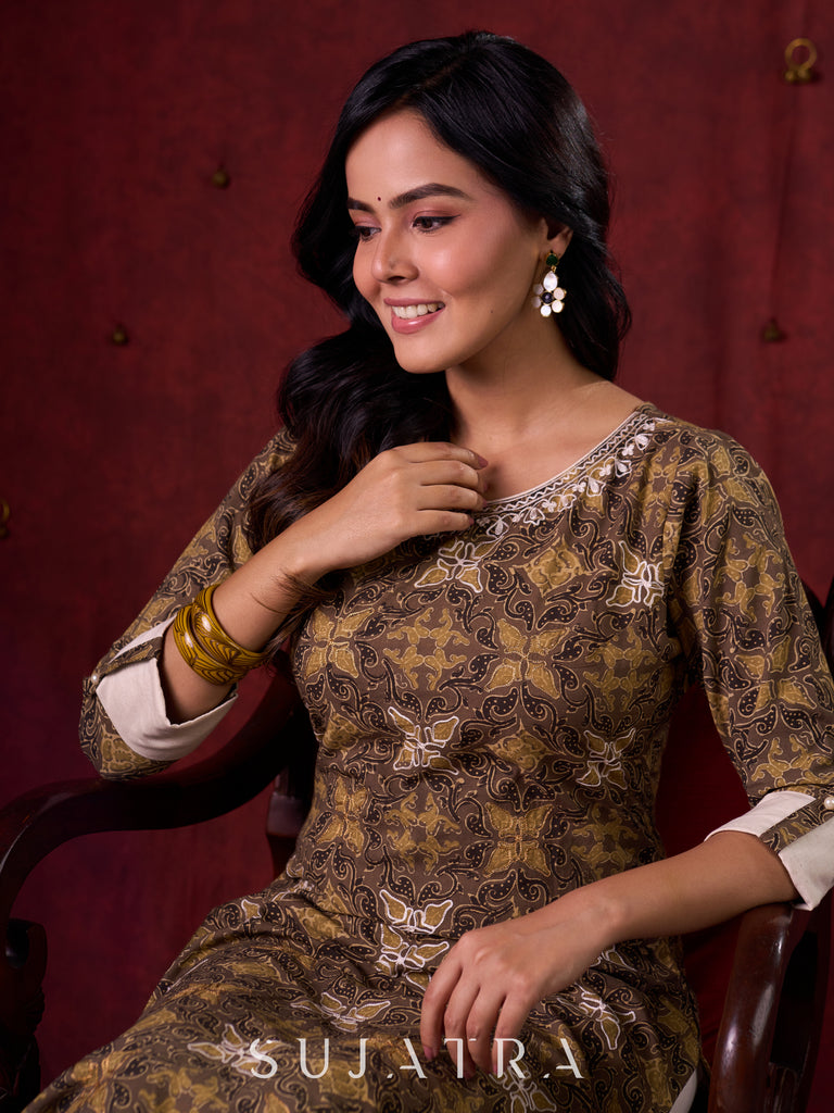 Natural Beige Ajrakh Cotton Kurta with Handcrafted Embroidery all over