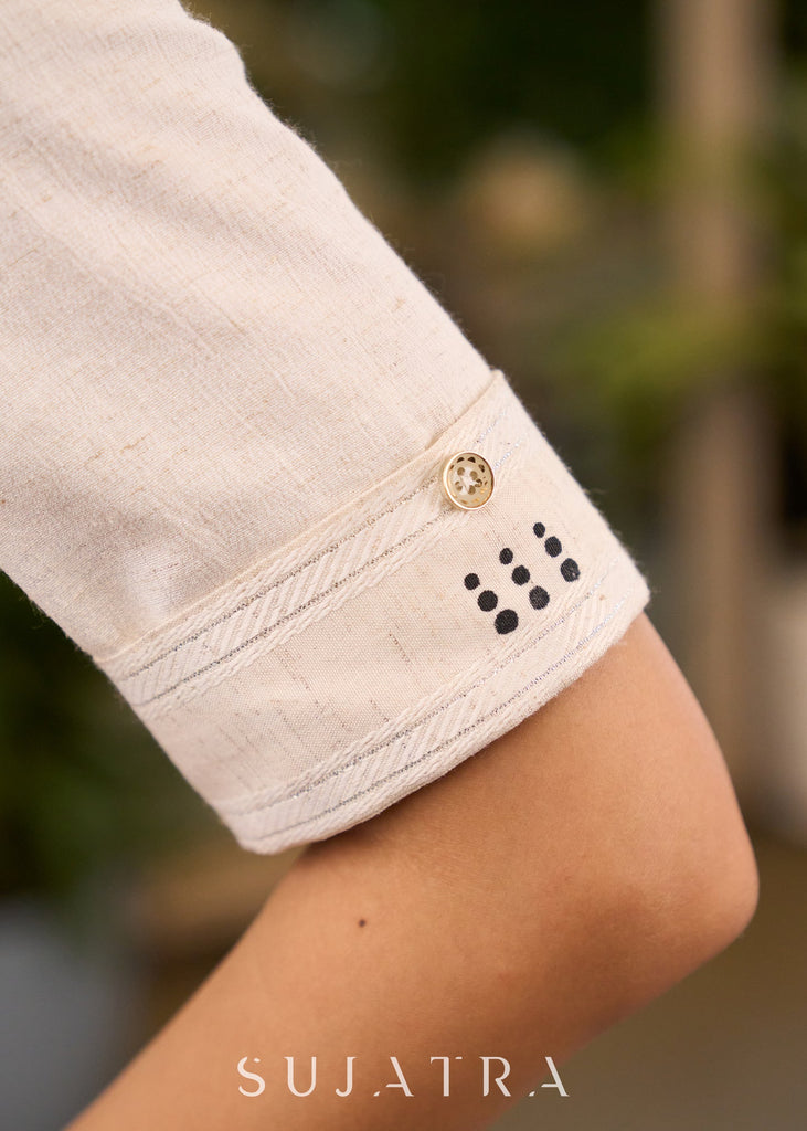 Off-White Cotton Kurta with Hand Painted Motif on One Side - Pant Optional