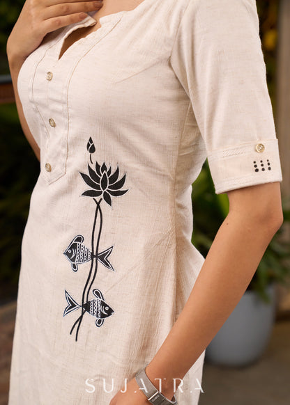Dussehra Sale — Off-White Cotton Kurta with Hand Painted Motif on One Side - Pant Optional