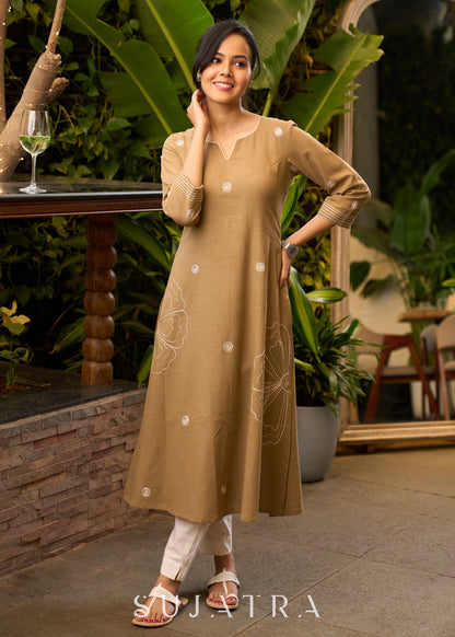 Classy Beige Cotton Kurta with All Over Embroidery - Pant Optional