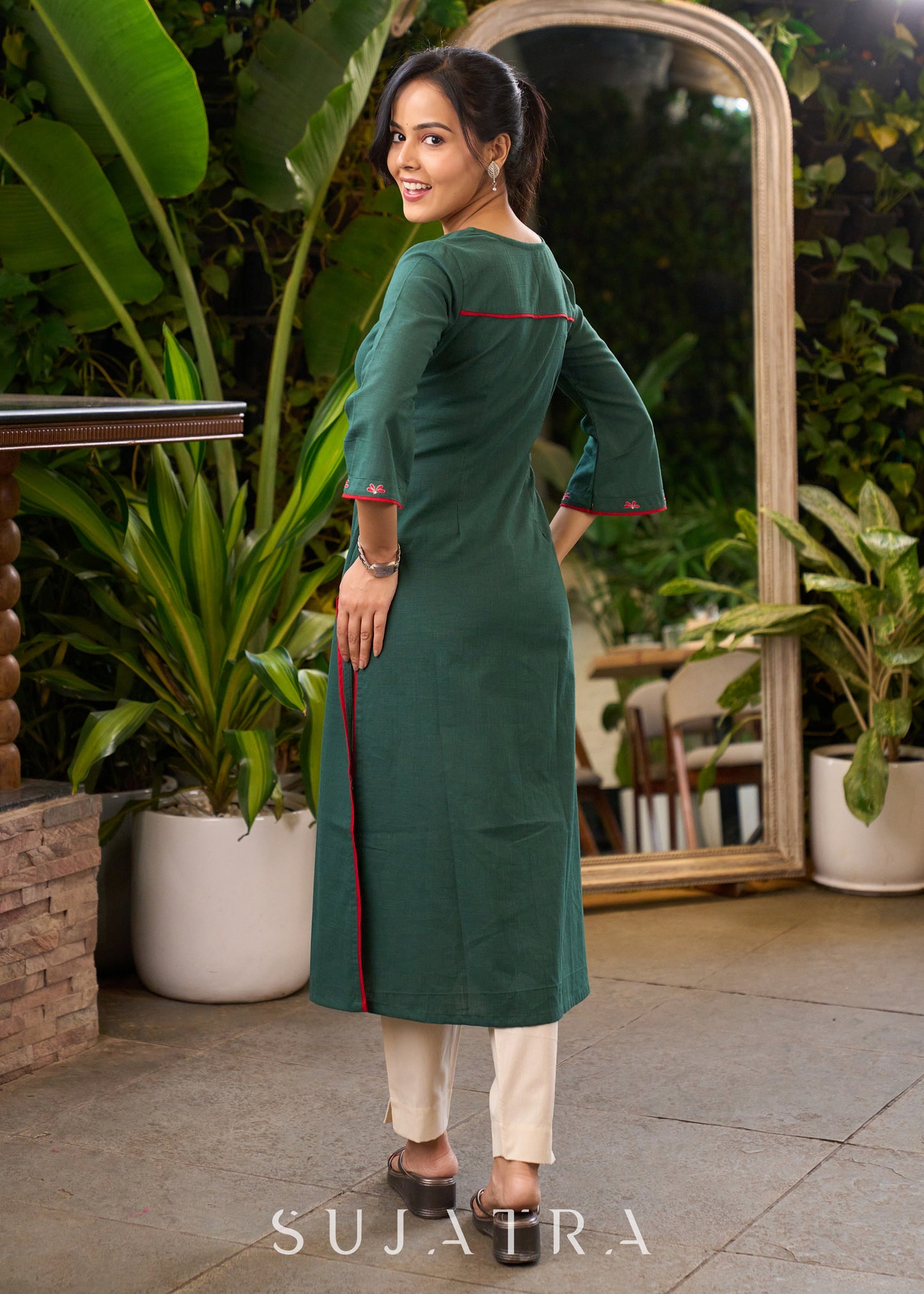 Dark Green Cotton Kurta with Embroidery in Front & Sleeves - Pant Optional