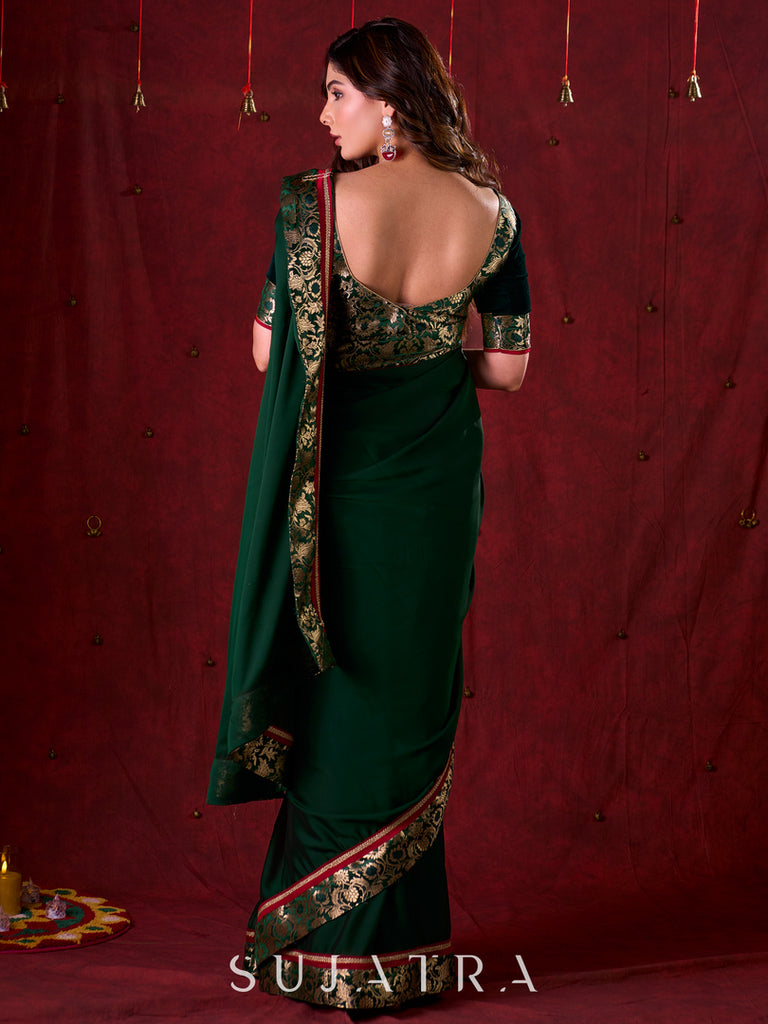 Regal Bottle Green Velvet & Brocade Blouse with Red Contrasting Detailing