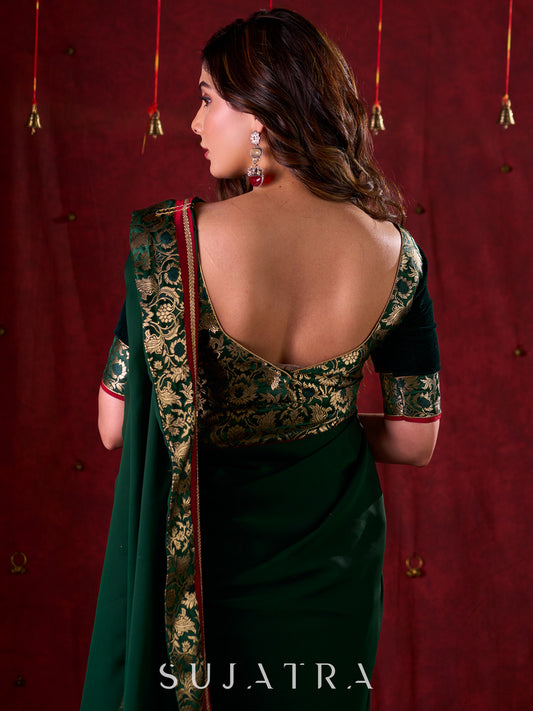 Regal Bottle Green Velvet & Brocade Blouse with Red Contrasting Detailing