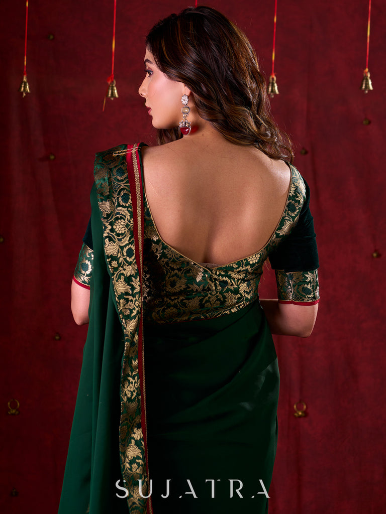 Regal Bottle Green Velvet & Brocade Blouse with Red Contrasting Detailing