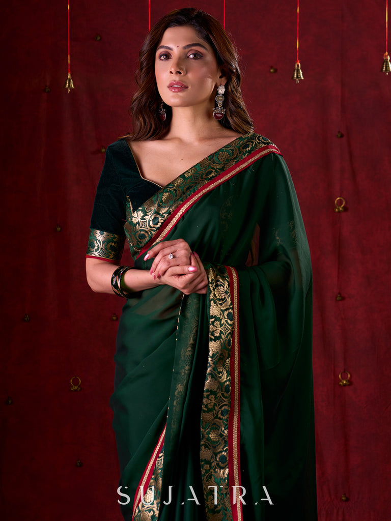 Regal Bottle Green Velvet & Brocade Blouse with Red Contrasting Detailing
