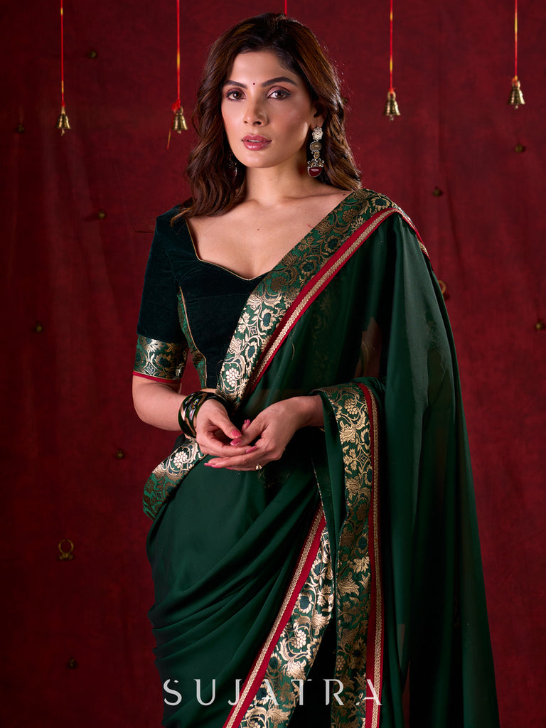 Regal Bottle Green Velvet & Brocade Blouse with Red Contrasting Detailing