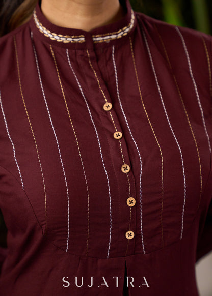 Classy Brown Rayon Kurta with Thread Works in Front & Minimal Embroidery - Pant Optional