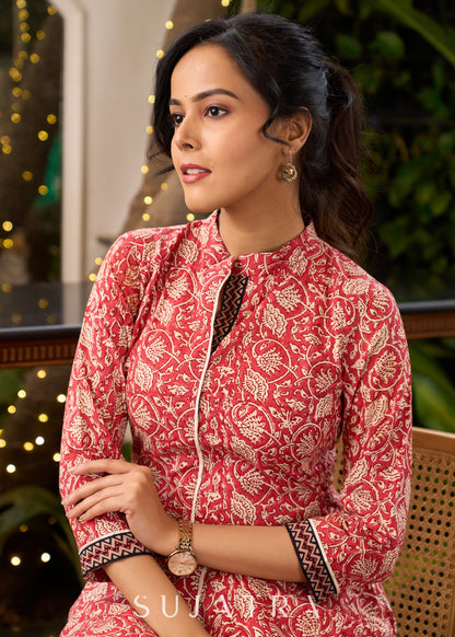 Dussehra Sale — Evergreen Floral Cotton A Line Kurta with Contrast Ajrakh Detailing - Pant Optional