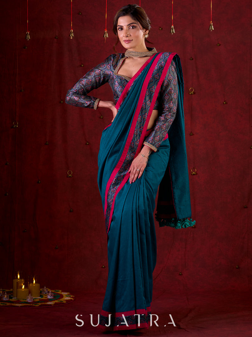 Turquoise Elegance Printed Blouse with Halter Neck, Full Sleeves & Minimal Detailing