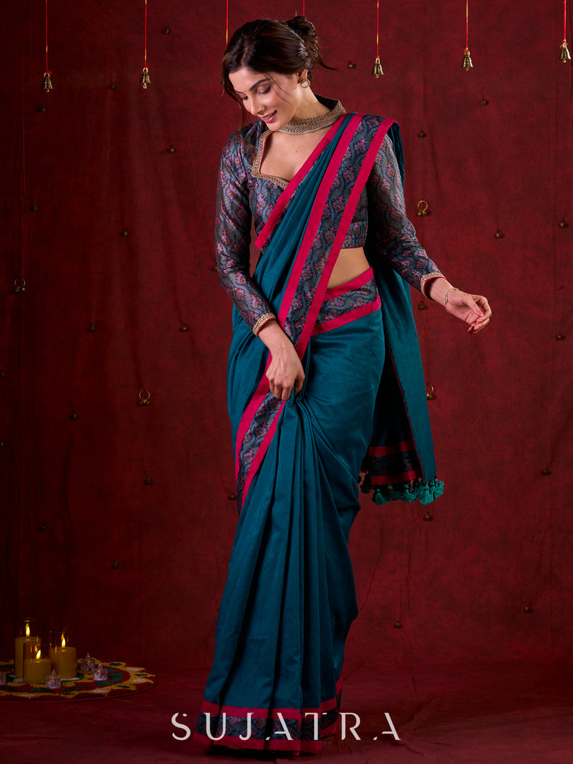 Turquoise Elegance Printed Blouse with Halter Neck, Full Sleeves & Minimal Detailing