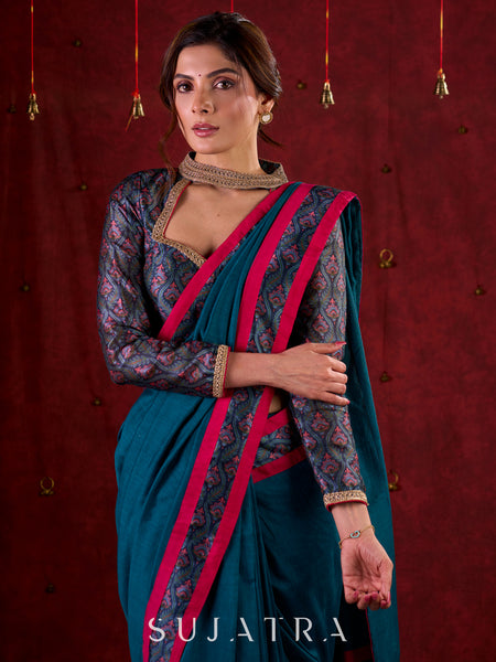 Turquoise Elegance Printed Blouse with Halter Neck, Full Sleeves & Minimal Detailing