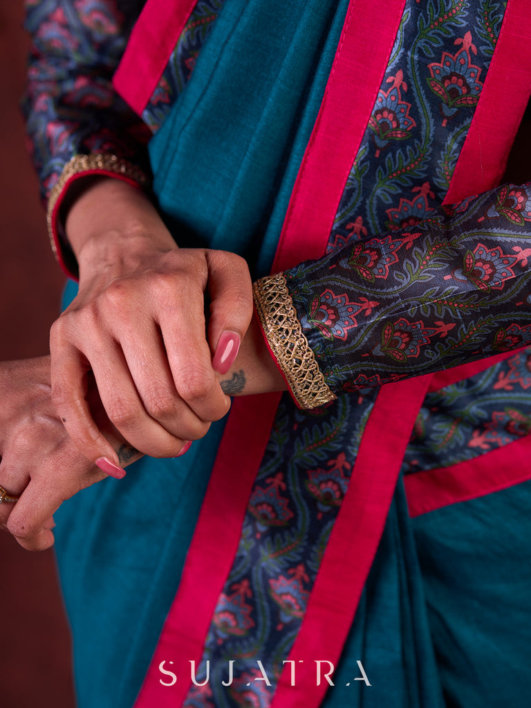 Turquoise Elegance Printed Blouse with Halter Neck, Full Sleeves & Minimal Detailing