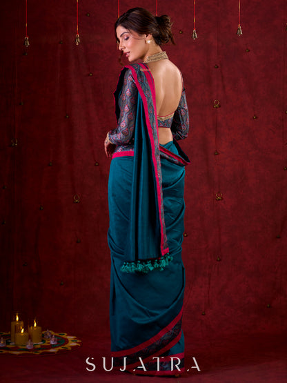 Turquoise Elegance Printed Blouse with Halter Neck, Full Sleeves & Minimal Detailing
