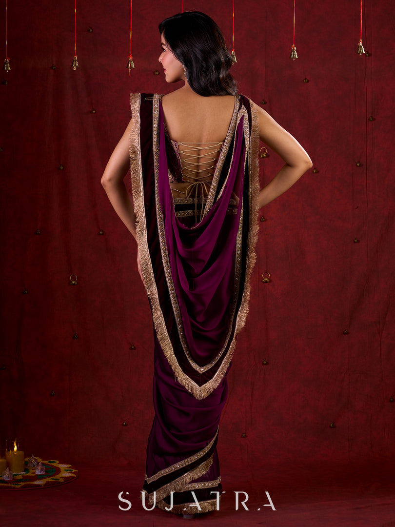 Purple Luxe Brocade Blouse with Sweetheart Neckline and Stylish Back Strings